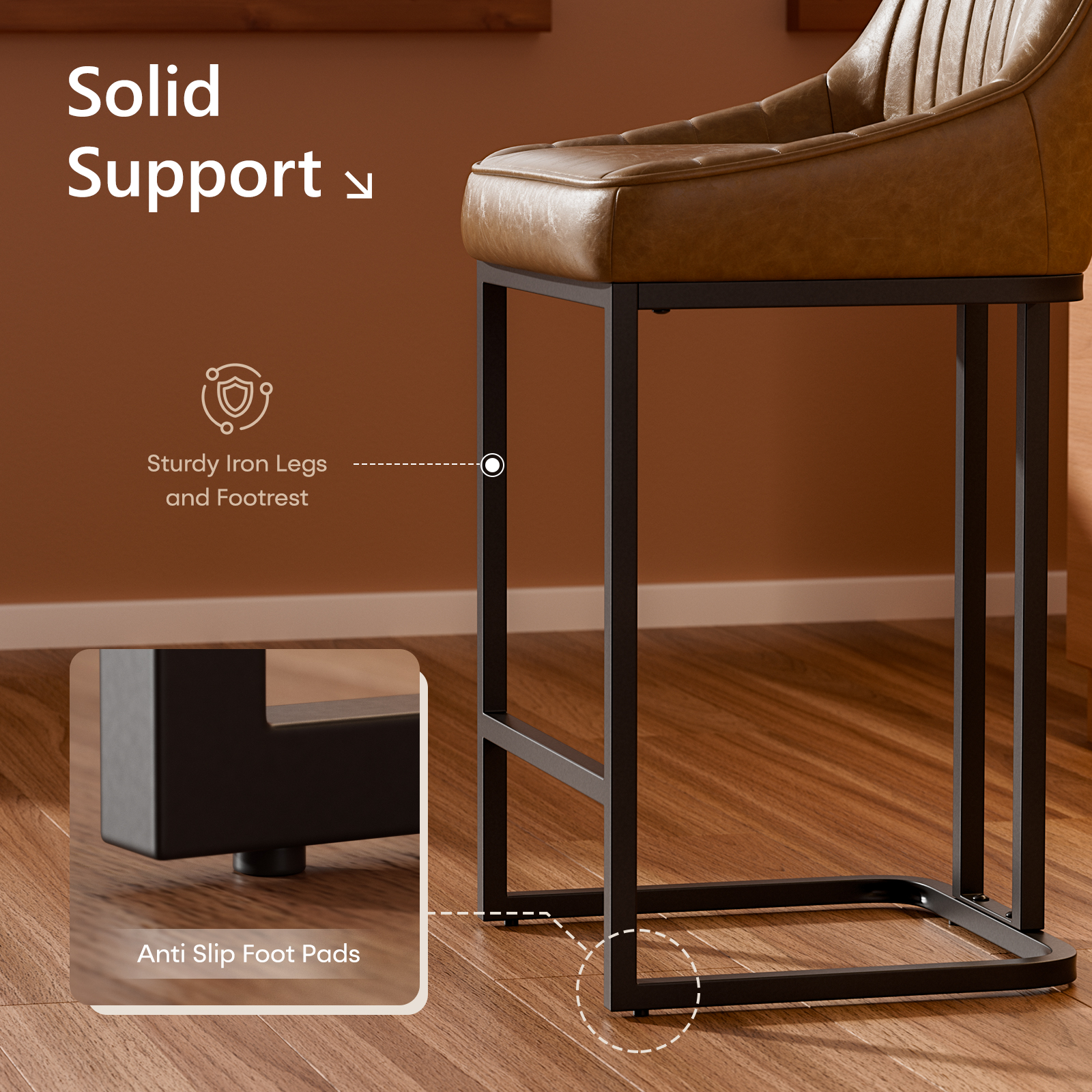 Ninecer Counter Height Bar Stools, Low Back PU Leather Upholstered Bucket Seat Bar Chairs with Metal Legs, Modern Kitchen Island Counter Chairs for Dining Room, Set of 2, 300lbs,Brown - Image 3