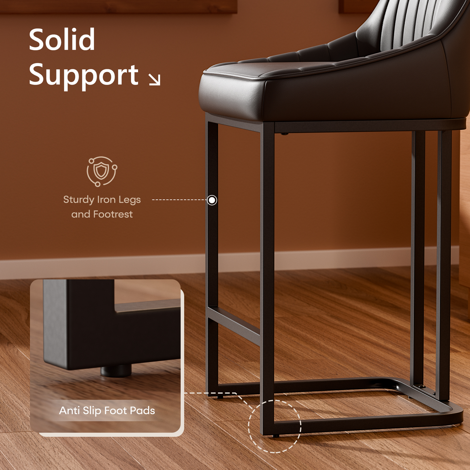 Ninecer Counter Height Bar Stools, Low Back PU Leather Upholstered Bucket Seat Bar Chairs with Metal Legs, Modern Kitchen Island Counter Chairs for Dining Room, Set of 2, 300lbs,Black - Image 4