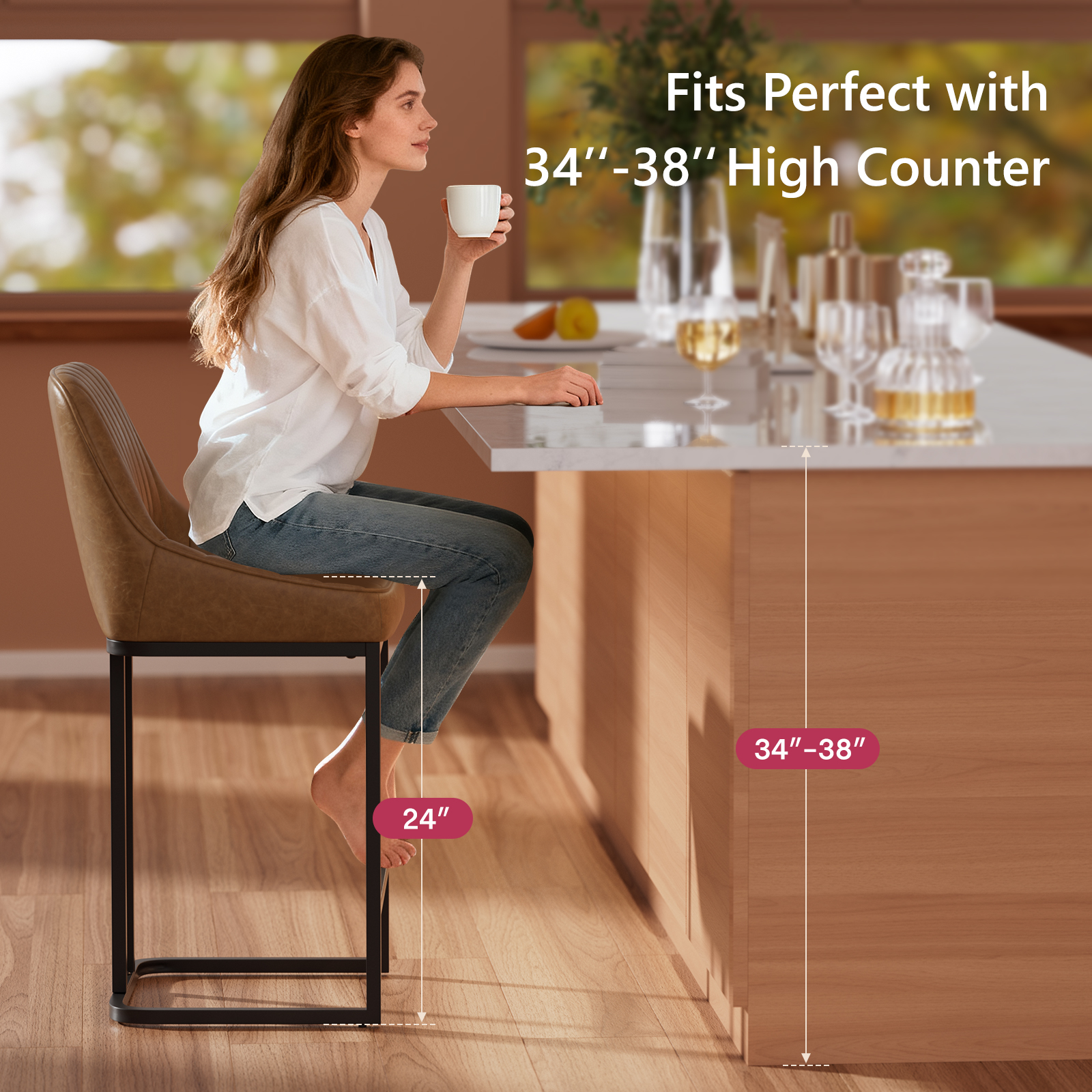 Ninecer Counter Height Bar Stools, Low Back PU Leather Upholstered Bucket Seat Bar Chairs with Metal Legs, Modern Kitchen Island Counter Chairs for Dining Room, Set of 2, 300lbs,Brown - Image 7