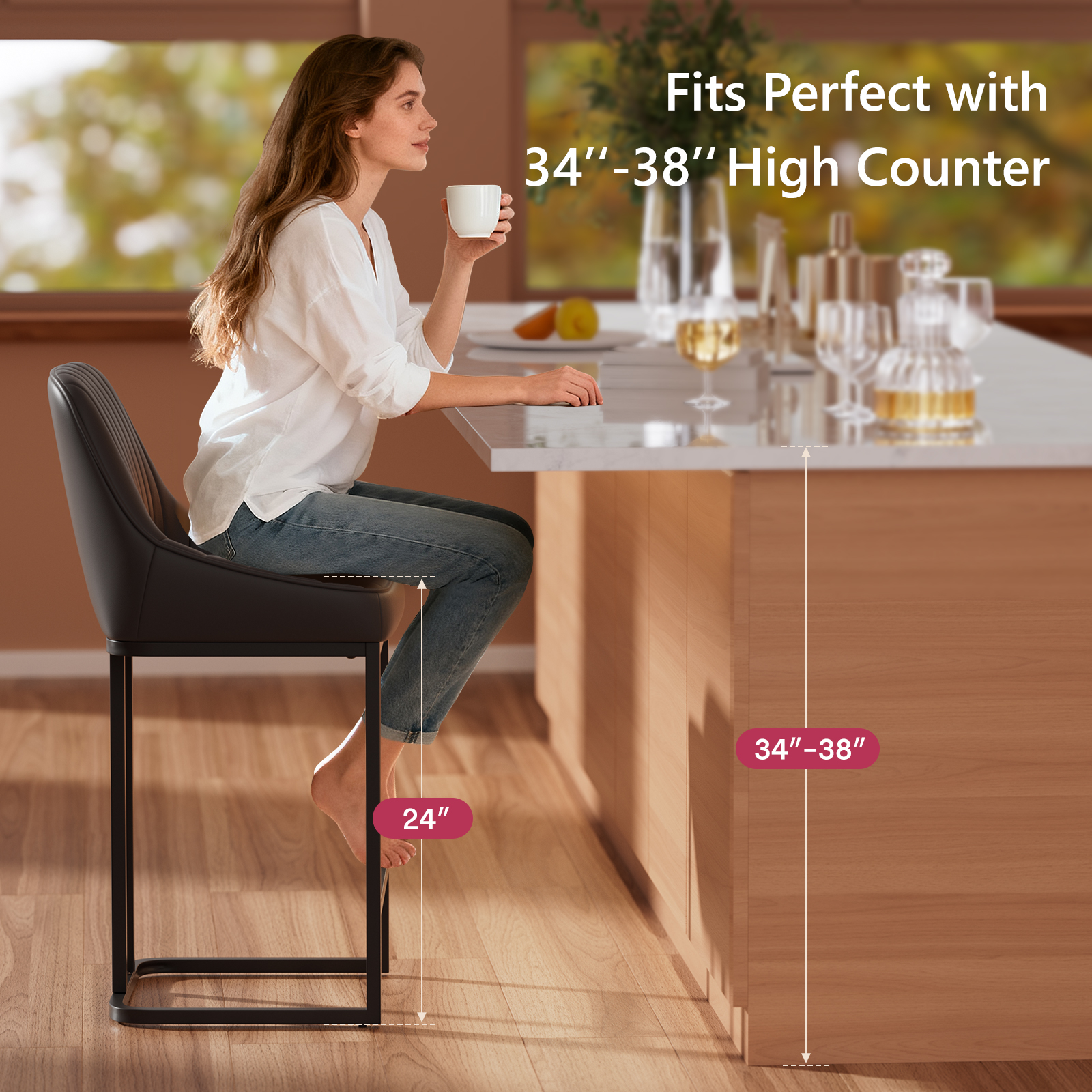 Ninecer Counter Height Bar Stools, Low Back PU Leather Upholstered Bucket Seat Bar Chairs with Metal Legs, Modern Kitchen Island Counter Chairs for Dining Room, Set of 2, 300lbs,Black - Image 3