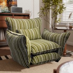 Ninecer Modern Accent Chair for Living Room, Single Sofa Chair Double Cushions, Comfy Upholstered Lounge Chair with Striped Fabric & Lumbar Pillow, 350 lbs Capacity, Green Stripe
