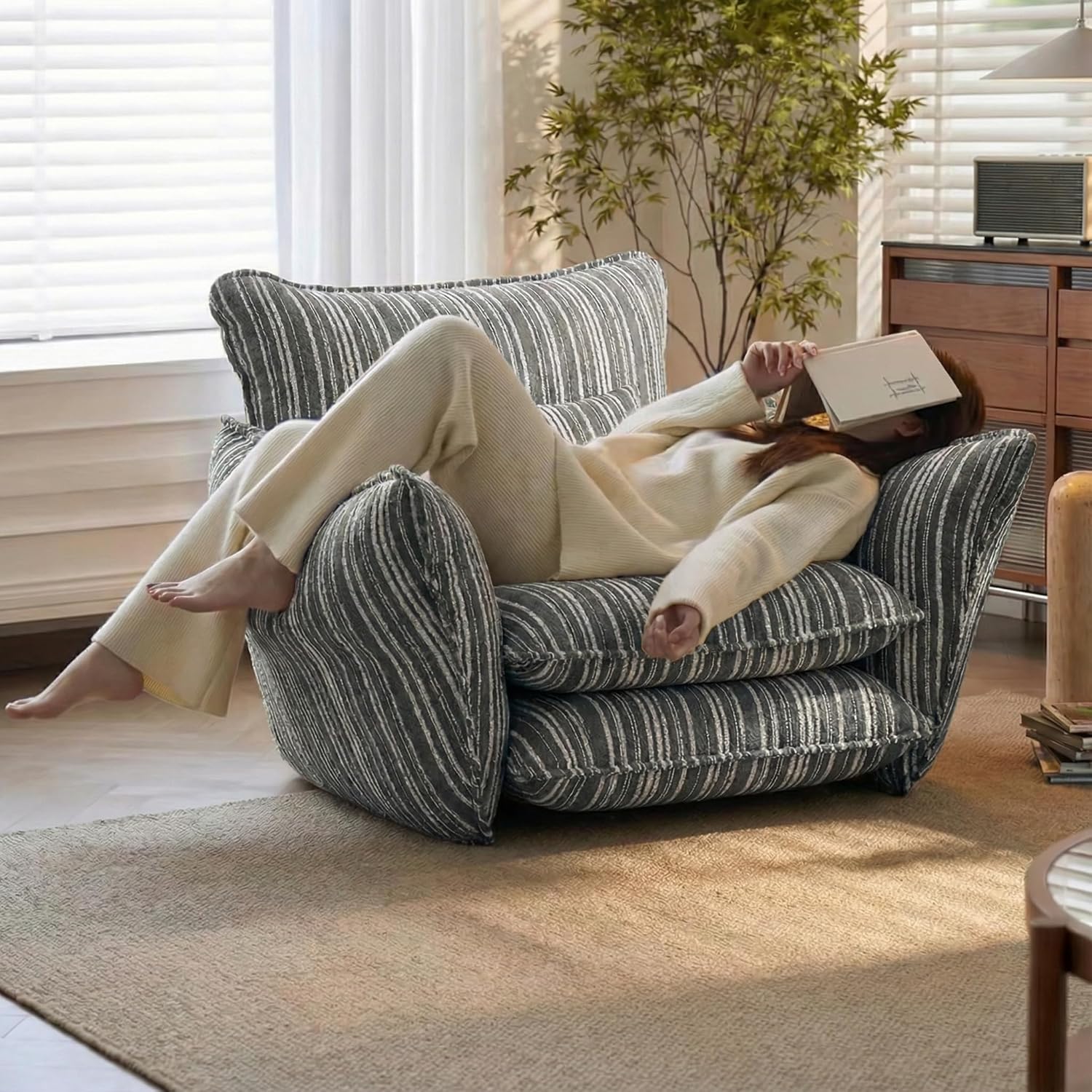 Ninecer Modern Accent Chair for Living Room, Single Sofa Chair Double Cushions, Comfy Upholstered Lounge Chair with Striped Fabric & Lumbar Pillow, 350 lbs Capacity, Grey Stripe - Image 8