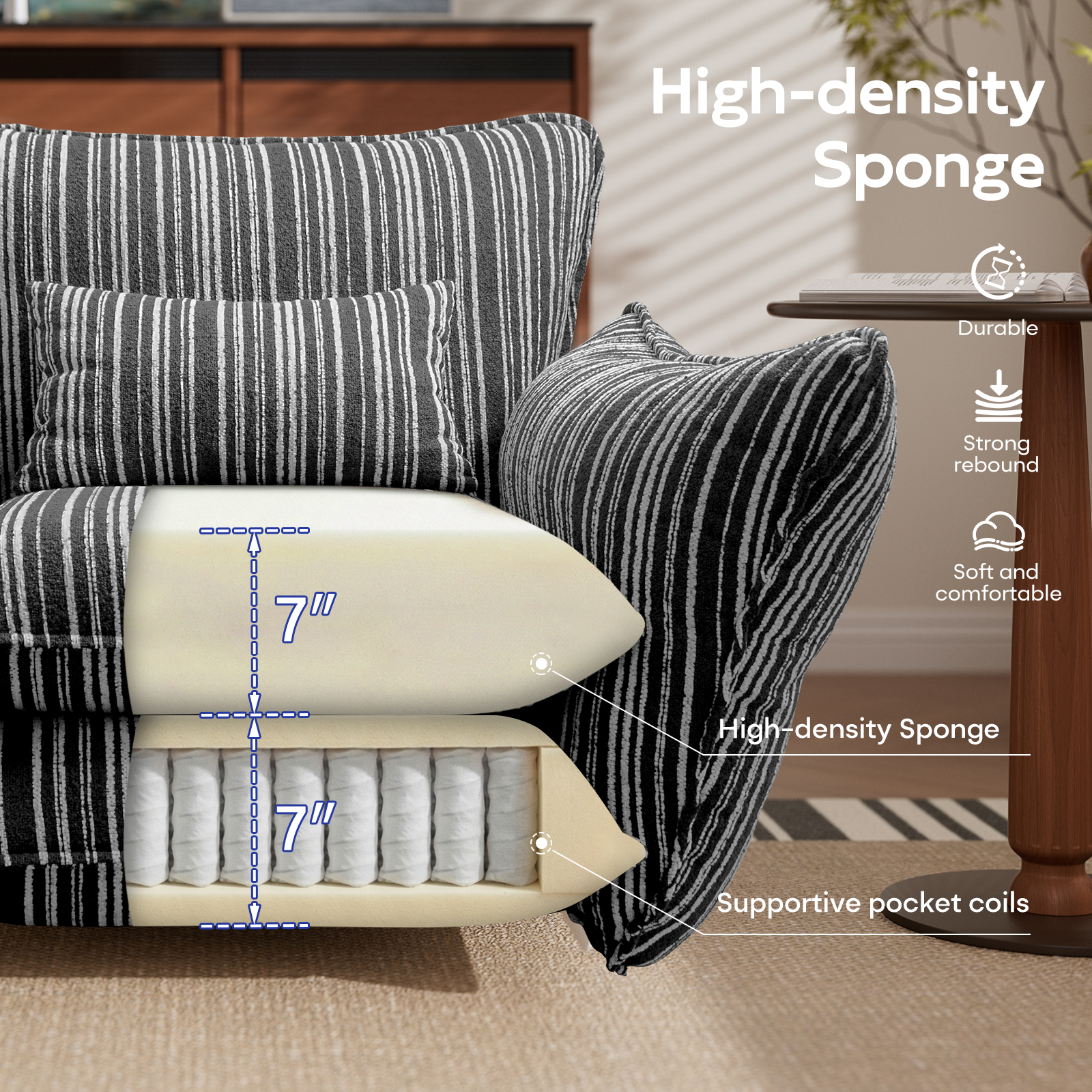 Ninecer Modern Accent Chair for Living Room, Single Sofa Chair Double Cushions, Comfy Upholstered Lounge Chair with Striped Fabric & Lumbar Pillow, 350 lbs Capacity, Grey Stripe - Image 3