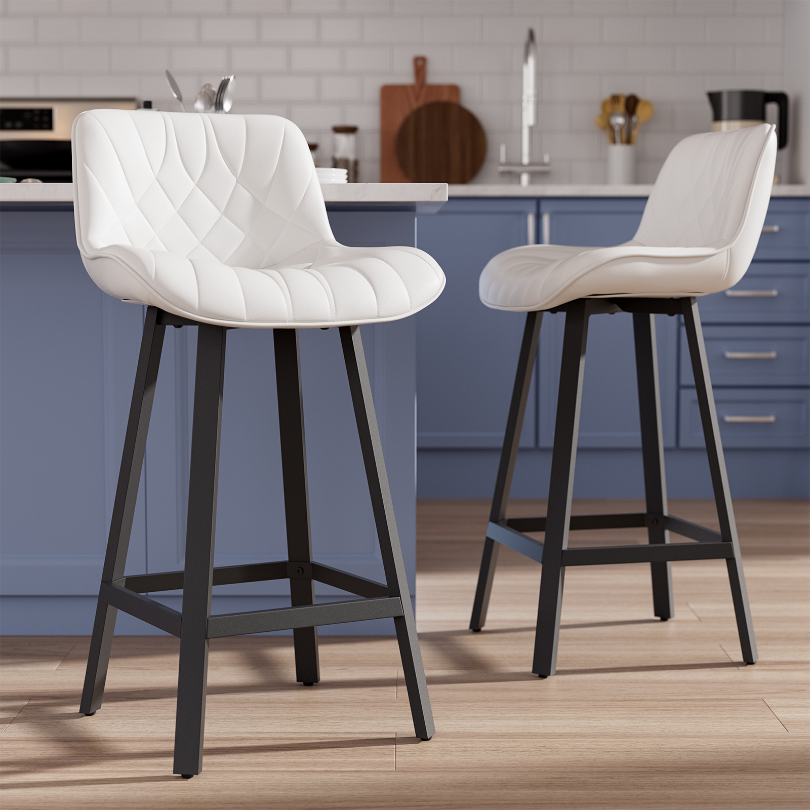 Ninecer 26" Counter Height Bar Stools, PU Leather Upholstered Bar Chairs with Low Back & Metal Legs, Modern Kitchen Island Counter Chairs for Dining Room, Set of 2, 400LBS, White