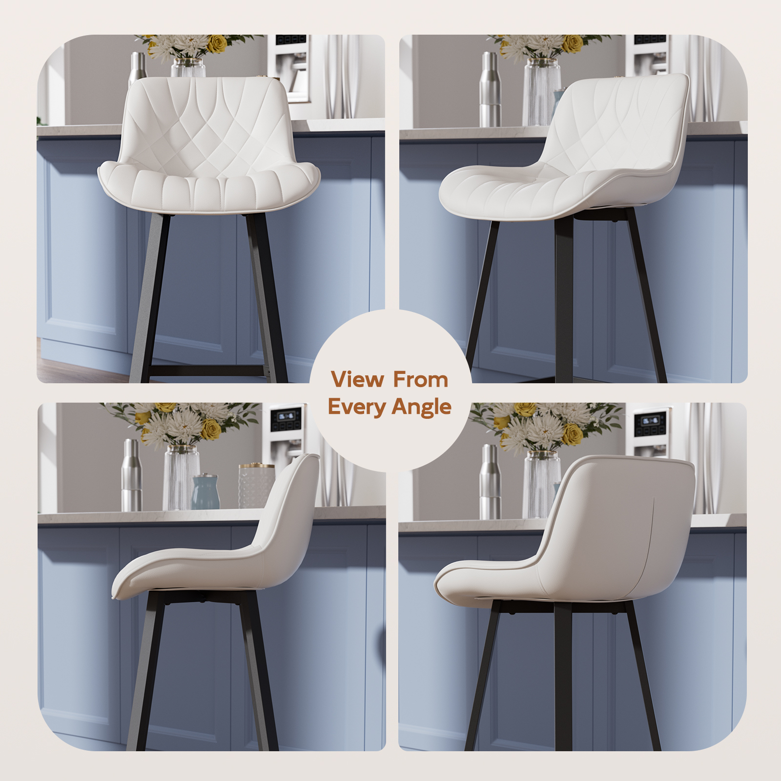 Ninecer 26" Counter Height Bar Stools, PU Leather Upholstered Bar Chairs with Low Back & Metal Legs, Modern Kitchen Island Counter Chairs for Dining Room, Set of 2, 400LBS, White - Image 9