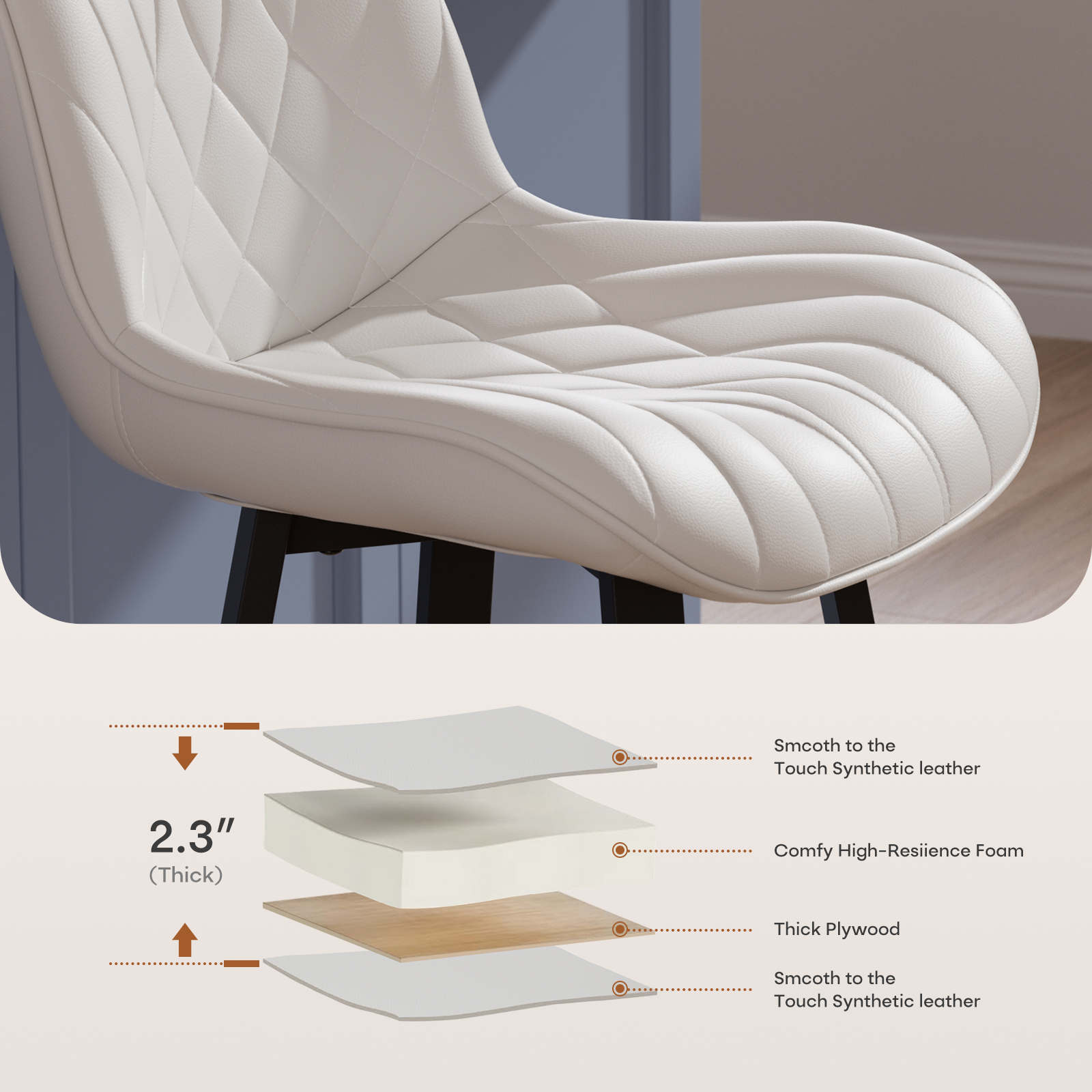 Ninecer 26" Counter Height Bar Stools, PU Leather Upholstered Bar Chairs with Low Back & Metal Legs, Modern Kitchen Island Counter Chairs for Dining Room, Set of 2, 400LBS, White - Image 5