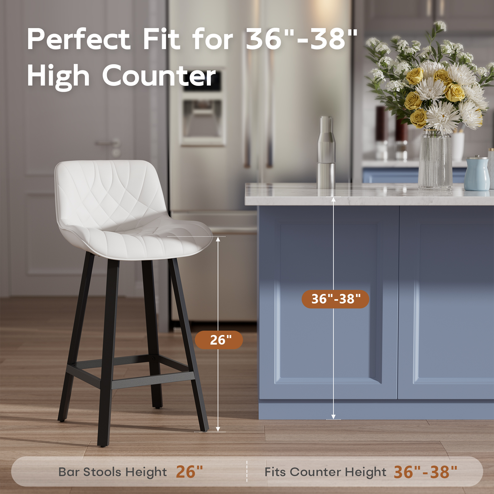 Ninecer 26" Counter Height Bar Stools, PU Leather Upholstered Bar Chairs with Low Back & Metal Legs, Modern Kitchen Island Counter Chairs for Dining Room, Set of 2, 400LBS, White - Image 8