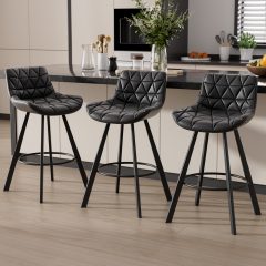 Ninecer 26 Inch Counter Height Bar Stools Set of 3, Faux Leather Bar Chairs with Low Back and Footrest, Upholstered Kitchen Island Barstools for Home Dining, Black