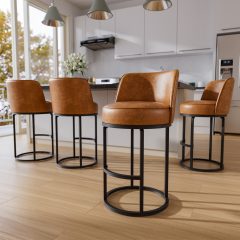 Ninecer 26" Counter Height Bar Stools Set of 4, 360 Swivel Upholstered Bar Chairs with Mid Back, Round Seat, Metal Base, Kitchen Island Counter Stools, Brown