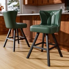 Ninecer 25" Counter Height Bar Stools Set of 2, 360° Swivel Bar Chair with Low-Back Round Seat, Upholstered Faux Leather Kitchen Chairs with Footrest, Counter Stools for Kitchen Island , Green