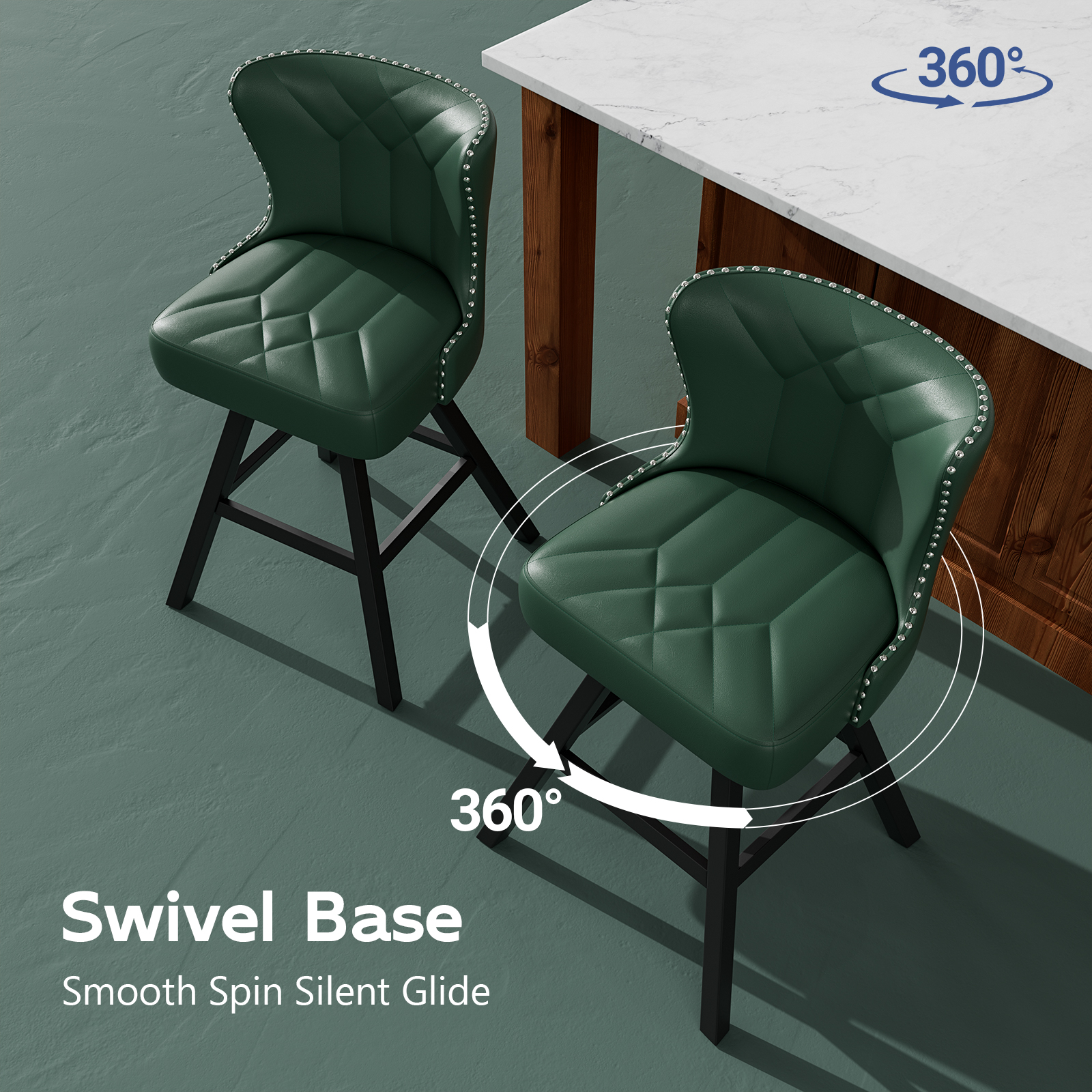 Ninecer 25" Counter Height Bar Stools Set of 2, 360° Swivel Bar Chair with Low-Back Round Seat, Upholstered Faux Leather Kitchen Chairs with Footrest, Counter Stools for Kitchen Island , Green - Image 10