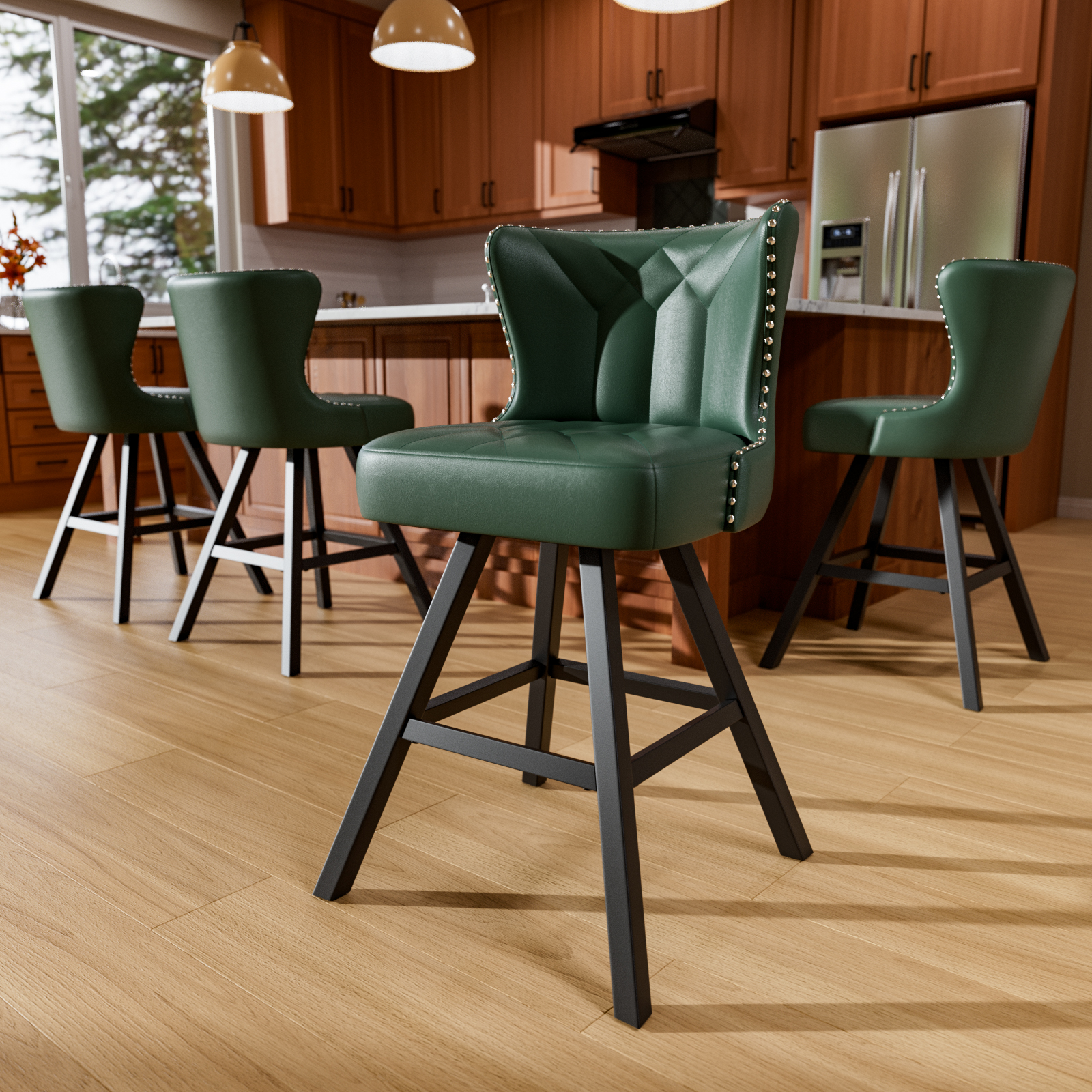 Ninecer 25" Counter Height Bar Stools Set of 4, 360° Swivel Bar Chair with Low-Back Round Seat, Upholstered Faux Leather Kitchen Chairs with Footrest, Counter Stools for Kitchen Island , Green