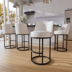 Ninecer 26" Counter Height Bar Stools Set of 4, 360 Swivel Upholstered Bar Chairs with Mid Back, Round Seat, Metal Base, Kitchen Island Counter Stools, Beige