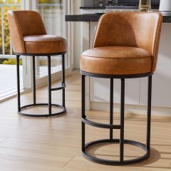 Ninecer 26" Counter Height Bar Stools Set of 2, 360 Swivel Upholstered Bar Chairs with Mid Back, Round Seat, Metal Base, Kitchen Island Counter Stools, Brown