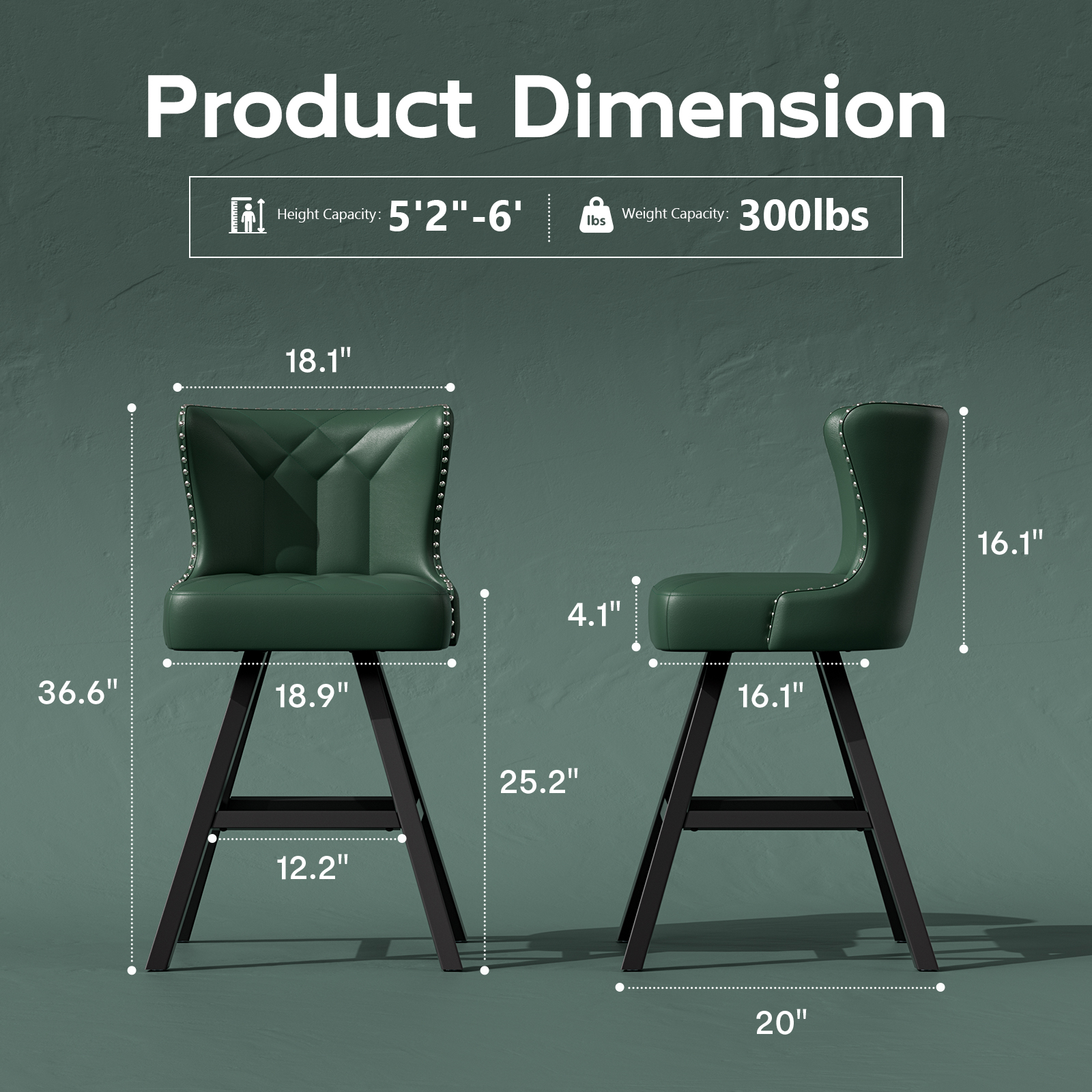 Ninecer 25" Counter Height Bar Stools Set of 2, 360° Swivel Bar Chair with Low-Back Round Seat, Upholstered Faux Leather Kitchen Chairs with Footrest, Counter Stools for Kitchen Island , Green - Image 2