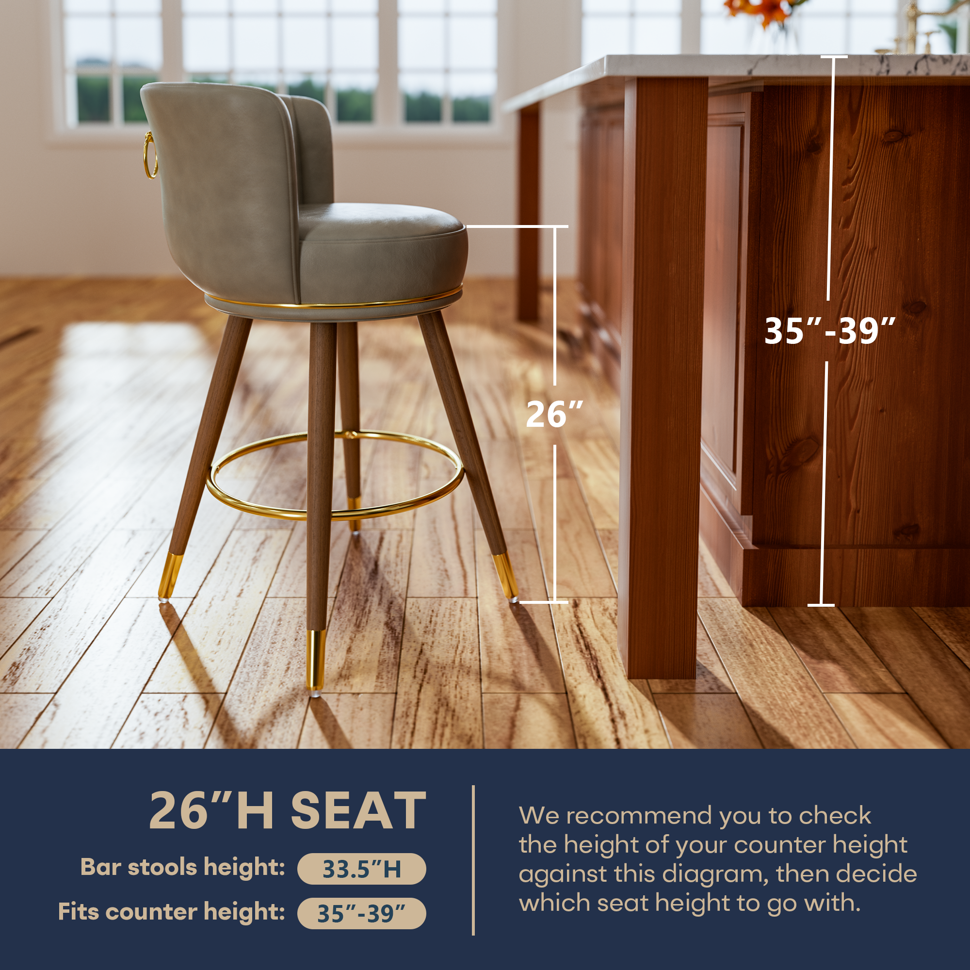 Ninecer Counter Height Bar Stools Set of 2, 26 Inch Swivel PU Leather Bar Chairs with Back and Footrest, Round Low Back Barstools for Kitchen Island Dining Room, Grey - Image 3