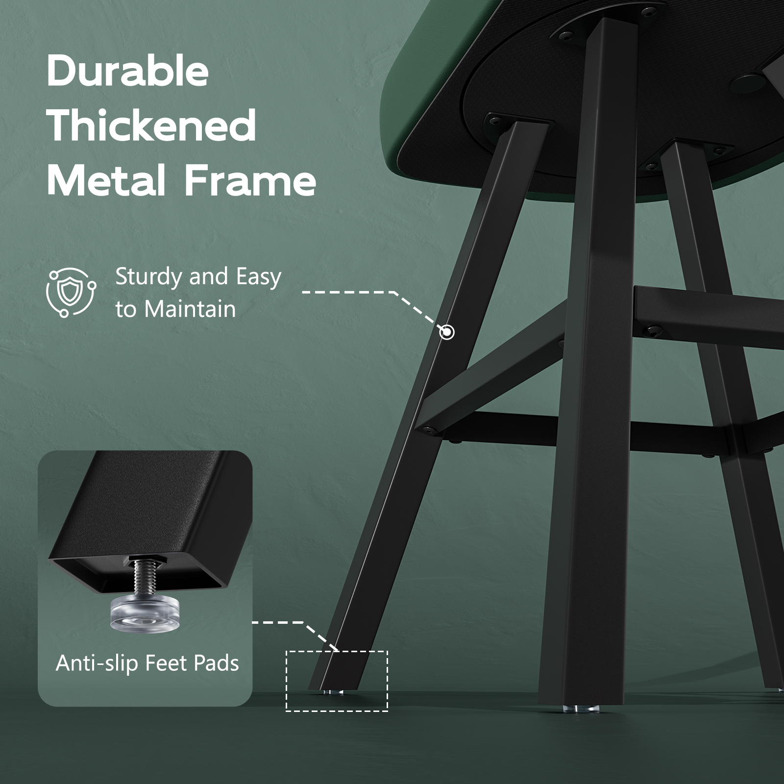 Ninecer 25" Counter Height Bar Stools Set of 2, 360° Swivel Bar Chair with Low-Back Round Seat, Upholstered Faux Leather Kitchen Chairs with Footrest, Counter Stools for Kitchen Island , Green - Image 4