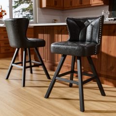 Ninecer 25" Counter Height Bar Stools Set of 2, 360° Swivel Bar Chair with Low-Back Round Seat, Upholstered Faux Leather Kitchen Chairs with Footrest, Counter Stools for Kitchen Island , Black