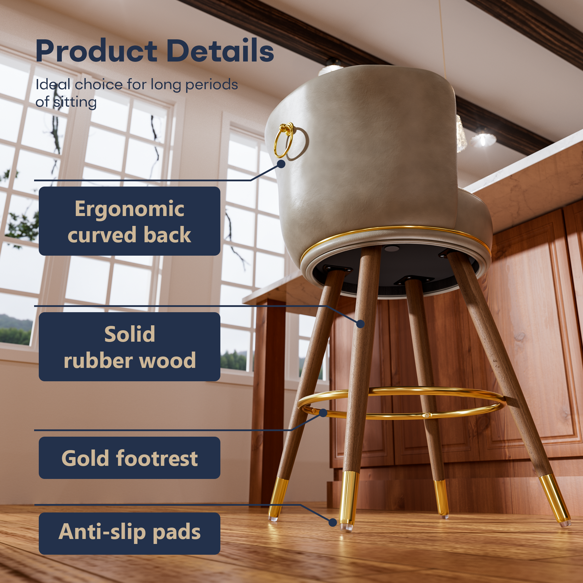 Ninecer Counter Height Bar Stools Set of 2, 26 Inch Swivel PU Leather Bar Chairs with Back and Footrest, Round Low Back Barstools for Kitchen Island Dining Room, Grey - Image 4