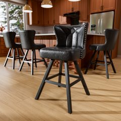 Ninecer 25" Counter Height Bar Stools Set of 4, 360° Swivel Bar Chair with Low-Back Round Seat, Upholstered Faux Leather Kitchen Chairs with Footrest, Counter Stools for Kitchen Island , Black