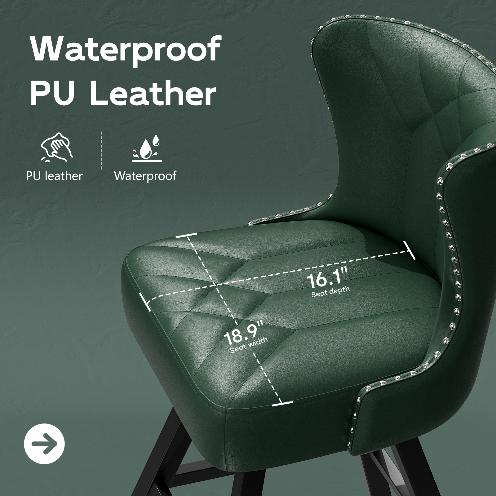 Ninecer 25" Counter Height Bar Stools Set of 2, 360° Swivel Bar Chair with Low-Back Round Seat, Upholstered Faux Leather Kitchen Chairs with Footrest, Counter Stools for Kitchen Island , Green - Image 6