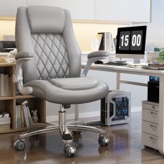 Ninecer Big and Tall Office Chair 400lbs, High Back Executive Computer Desk Chair with PU Leather, Ergonomic Swivel Chair with Adjustable Height, Rocking Function and Padded Flip-up Armrests, Gray