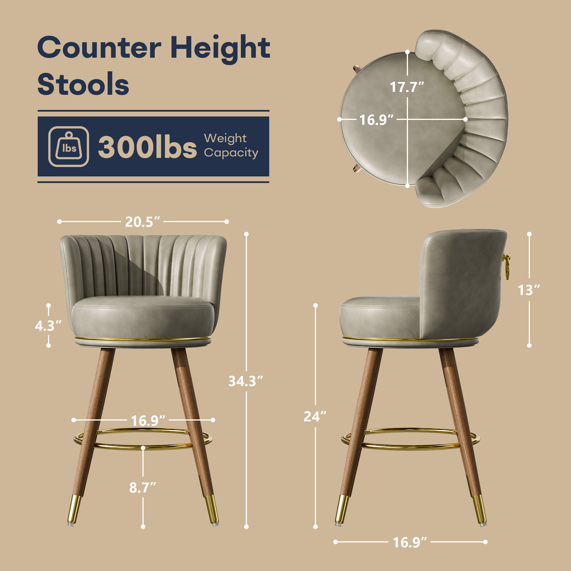 Ninecer Counter Height Bar Stools Set of 4, 24" Swivel Round Seat Bar Chairs with Low Back, PU Leather Modern Counter Stools with Footrest for Kitchen Island, Dining Room or Home Bar, Grey - Image 2