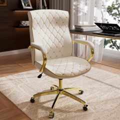Ninecer White and Gold Office Chair with Soft Leather Embroidery, Mid Back Vintage Swivel Executive Desk Chair with Wheels and Padded Arms, Adjustable Height