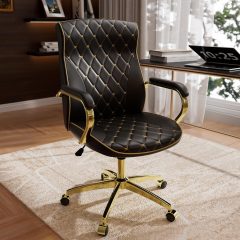 Ninecer Black and Gold Office Chair with Soft Leather Embroidery, Mid Back Vintage Swivel Executive Desk Chair with Wheels and Padded Arms, Adjustable Height