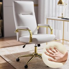 Ninecer White and Gold Office Chair Memory Foam, White Leather Computer Desk Chairs with Wheels and Arms, High Back Executive Office Chair for Girl and Women