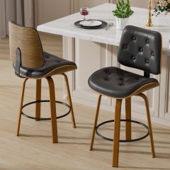 Ninecer Counter Height Bar Stools Set of 2, 26 Inch Swivel BarStools with Curved Bentwood Backrest, PU Leather Bar Chairs with Footrest, Mid Century Modern Bar Chair for Home Kitchen Island, Black