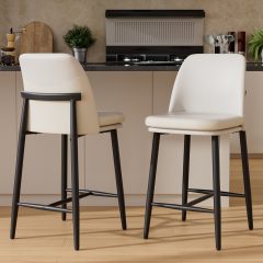 Ninecer 26" Counter Height Bar Stools Set of 2, Upholstered Bar Stools with Back,Leather & Fabric Cushions, Metal Legs, Comfortable Kitchen Island Counter Chairs for Dining Room & Home Bar, White