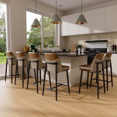 Ninecer 26" Counter Height Bar Stools Set of 6, Upholstered Bar Stools with Back,Leather & Fabric Cushions, Metal Legs, Comfortable Kitchen Island Counter Chairs for Dining Room & Home Bar, Brown