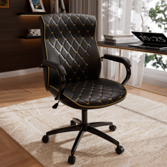 Ninecer Black Office Chair with Soft Leather Embroidery, Mid Back Vintage Swivel Executive Desk Chair with Wheels and Padded Arms, Adjustable Height