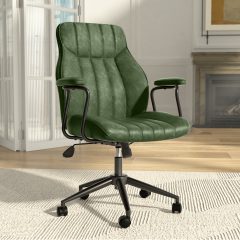 Ninecer Mid Century Modern Office Chair, Faux Leather Swivel Desk Chair with Padded Arms, 140° Reclining Ergonomic Computer Chair with Adjustable Height and Wheels for Home Office, Green