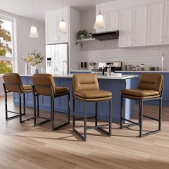 Ninecer Counter Height Bar Stools Set of 4, 26" Low Back Modern Bar Chair, PU Leather Upholstered Kitchen Island Stools, Square Seat Kitchen Chairs, Comfortable Counter Chairs for Dining Room, Brown