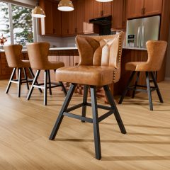 Ninecer 25" Counter Height Bar Stools Set of 4, 360° Swivel Bar Chair with Low-Back Round Seat, Upholstered Faux Leather Kitchen Chairs with Footrest, Counter Stools for Kitchen Island , Brown