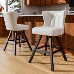Ninecer 25" Counter Height Bar Stools Set of 2, 360° Swivel Bar Chair with Low-Back Round Seat, Upholstered Faux Leather Kitchen Chairs with Footrest, Counter Stools for Kitchen Island , White