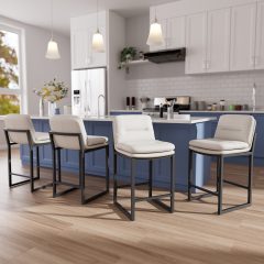 Ninecer Counter Height Bar Stools Set of 4, 26" Low Back Modern Bar Chair, PU Leather Upholstered Kitchen Island Stools, Square Seat Kitchen Chairs, Comfortable Counter Chairs for Dining Room, White