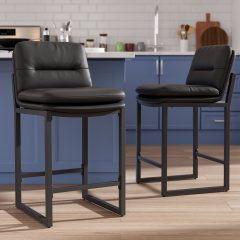 Ninecer Counter Height Bar Stools Set of 2, 26" Low Back Modern Bar Chair, PU Leather Upholstered Kitchen Island Stools, Square Seat Kitchen Chairs, Comfortable Counter Chairs for Dining Room, Black