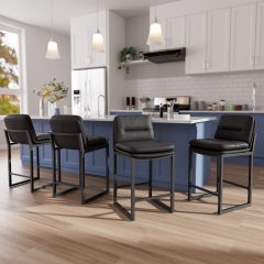 Ninecer Counter Height Bar Stools Set of 4, 26" Low Back Modern Bar Chair, PU Leather Upholstered Kitchen Island Stools, Square Seat Kitchen Chairs, Comfortable Counter Chairs for Dining Room, Black