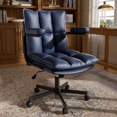 Ninecer Blue Desk Chair, Mid Century Modern Leather Office Chairs with Arms, Wheels Thickend Back and Seat, Adjustable Height, Vintage Computer Chair for Home, Office