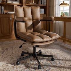 Ninecer Brown Desk Chair, Mid Century Modern Leather Office Chairs with Arms, Wheels Thickend Back and Seat, Adjustable Height, Vintage Computer Chair for Home, Office