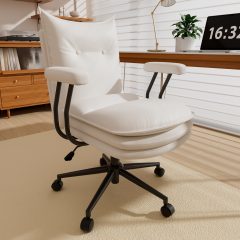 Ninecer White Office Chair with Triple-Layers Thicken Wide Seat, Mid Back Leather Desk Chair with Wheels and Arms, Mid-Century Modern Computer Chair for Home Office