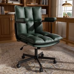 Ninecer Green Desk Chair, Mid Century Modern Office Chairs with Arms, Thickend Back and Seat, Adjustable Height, Wheels, Vintage Leather Computer Chair for Home, Office