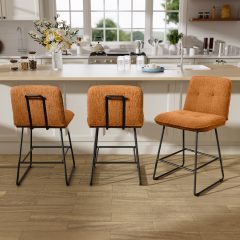 Ninecer Counter Height Bar Stools Set of 3, 26 Inch Upholstered Bar Stools with Low Back, Boucle Fabric Square Seat Bar Chairs with Metal Legs and Footrest, Bar Stools for Home Kitchen Bar, Brown