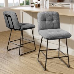 Ninecer Counter Height Bar Stools Set of 2, 26 Inch Upholstered Bar Stools with Low Back, Boucle Fabric Square Seat Bar Chairs with Metal Legs and Footrest, Bar Stools for Home Kitchen Bar, Grey