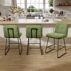 Ninecer Counter Height Bar Stools Set of 3, 26 Inch Upholstered Bar Stools with Low Back, Boucle Fabric Square Seat Bar Chairs with Metal Legs and Footrest, Bar Stools for Home Kitchen Bar, Green