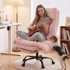 Ninecer Big and Tall Office Chair, Cross Legged Office Chair with Footrest and Lumbar Pillow, Reclining Teddy Fleece Criss Cross Desk Chair, Pink