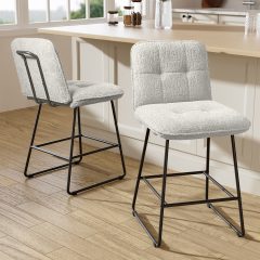 Ninecer Counter Height Bar Stools Set of 2, 26 Inch Upholstered Bar Stools with Low Back, Boucle Fabric Square Seat Bar Chairs with Metal Legs and Footrest, Bar Stools for Home Kitchen Bar, Beige